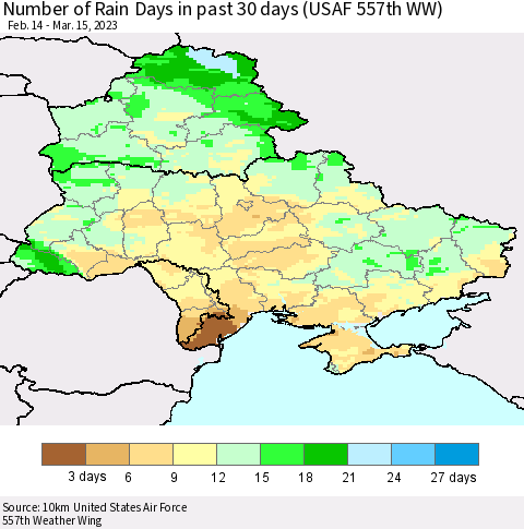 Ukraine, Moldova and Belarus Number of Rain Days in past 30 days (USAF 557th WW) 03/15/2023 Thematic Map For 3/11/2023 - 3/15/2023