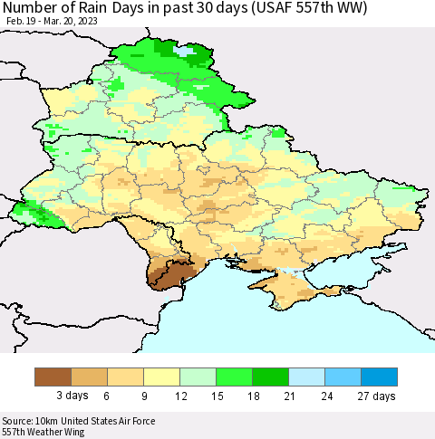 Ukraine, Moldova and Belarus Number of Rain Days in past 30 days (USAF 557th WW) 03/20/2023 Thematic Map For 3/16/2023 - 3/20/2023