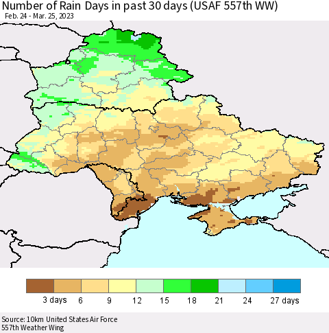 Ukraine, Moldova and Belarus Number of Rain Days in past 30 days (USAF 557th WW) 03/25/2023 Thematic Map For 3/21/2023 - 3/25/2023