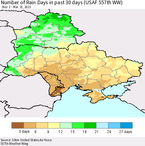 Ukraine, Moldova and Belarus Number of Rain Days in past 30 days (USAF 557th WW) 03/31/2023 Thematic Map For 3/26/2023 - 3/31/2023