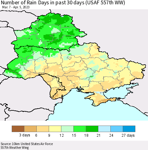 Ukraine, Moldova and Belarus Number of Rain Days in past 30 days (USAF 557th WW) 04/05/2023 Thematic Map For 4/1/2023 - 4/5/2023
