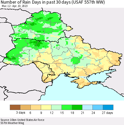 Ukraine, Moldova and Belarus Number of Rain Days in past 30 days (USAF 557th WW) 04/10/2023 Thematic Map For 4/6/2023 - 4/10/2023