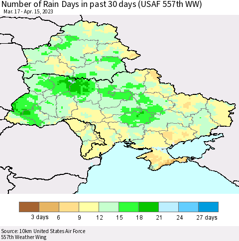 Ukraine, Moldova and Belarus Number of Rain Days in past 30 days (USAF 557th WW) 04/15/2023 Thematic Map For 4/11/2023 - 4/15/2023