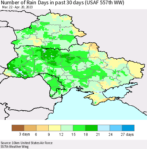 Ukraine, Moldova and Belarus Number of Rain Days in past 30 days (USAF 557th WW) 04/20/2023 Thematic Map For 4/16/2023 - 4/20/2023