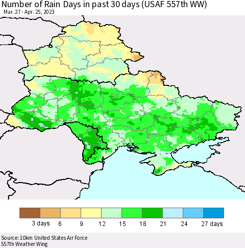 Ukraine, Moldova and Belarus Number of Rain Days in past 30 days (USAF 557th WW) 04/25/2023 Thematic Map For 4/21/2023 - 4/25/2023