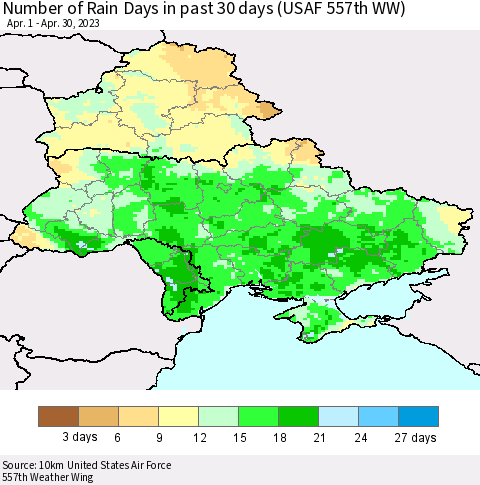 Ukraine, Moldova and Belarus Number of Rain Days in past 30 days (USAF 557th WW) 04/30/2023 Thematic Map For 4/26/2023 - 4/30/2023