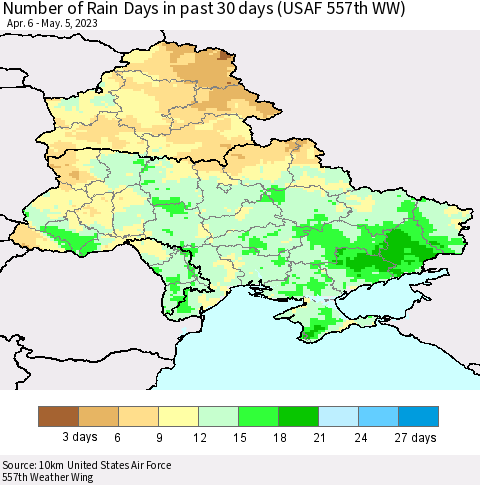 Ukraine, Moldova and Belarus Number of Rain Days in past 30 days (USAF 557th WW) 05/05/2023 Thematic Map For 5/1/2023 - 5/5/2023