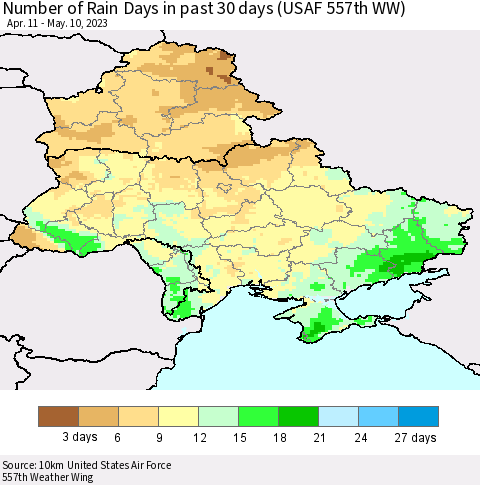 Ukraine, Moldova and Belarus Number of Rain Days in past 30 days (USAF 557th WW) 05/10/2023 Thematic Map For 5/6/2023 - 5/10/2023