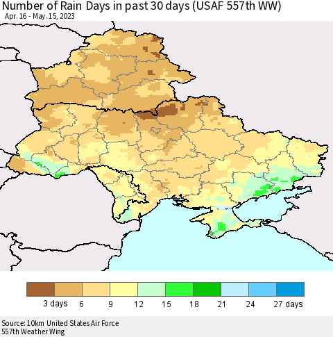 Ukraine, Moldova and Belarus Number of Rain Days in past 30 days (USAF 557th WW) 05/15/2023 Thematic Map For 5/11/2023 - 5/15/2023