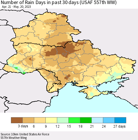 Ukraine, Moldova and Belarus Number of Rain Days in past 30 days (USAF 557th WW) 05/20/2023 Thematic Map For 5/16/2023 - 5/20/2023