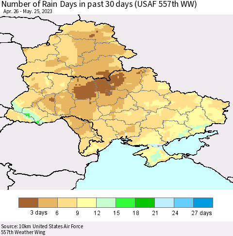 Ukraine, Moldova and Belarus Number of Rain Days in past 30 days (USAF 557th WW) 05/25/2023 Thematic Map For 5/21/2023 - 5/25/2023