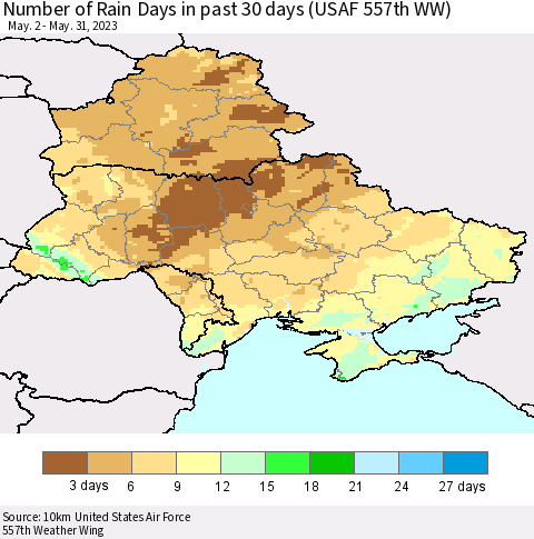 Ukraine, Moldova and Belarus Number of Rain Days in past 30 days (USAF 557th WW) 05/31/2023 Thematic Map For 5/26/2023 - 5/31/2023