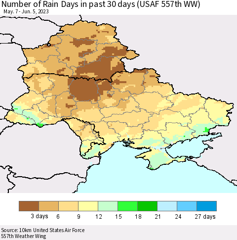 Ukraine, Moldova and Belarus Number of Rain Days in past 30 days (USAF 557th WW) 06/05/2023 Thematic Map For 6/1/2023 - 6/5/2023