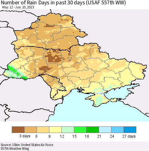 Ukraine, Moldova and Belarus Number of Rain Days in past 30 days (USAF 557th WW) 06/10/2023 Thematic Map For 6/6/2023 - 6/10/2023