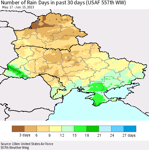 Ukraine, Moldova and Belarus Number of Rain Days in past 30 days (USAF 557th WW) 06/15/2023 Thematic Map For 6/11/2023 - 6/15/2023