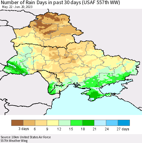 Ukraine, Moldova and Belarus Number of Rain Days in past 30 days (USAF 557th WW) 06/20/2023 Thematic Map For 6/16/2023 - 6/20/2023