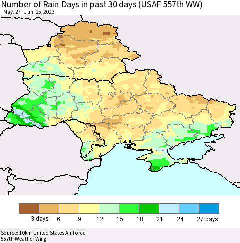 Ukraine, Moldova and Belarus Number of Rain Days in past 30 days (USAF 557th WW) 06/25/2023 Thematic Map For 6/21/2023 - 6/25/2023