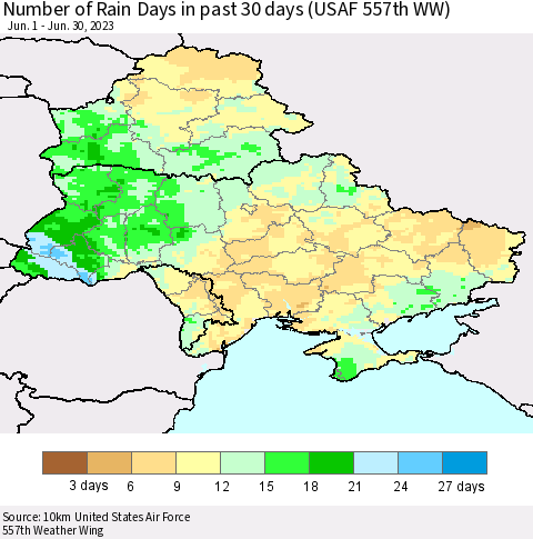 Ukraine, Moldova and Belarus Number of Rain Days in past 30 days (USAF 557th WW) 06/30/2023 Thematic Map For 6/26/2023 - 6/30/2023