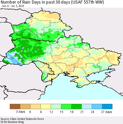 Ukraine, Moldova and Belarus Number of Rain Days in past 30 days (USAF 557th WW) 07/05/2023 Thematic Map For 7/1/2023 - 7/5/2023
