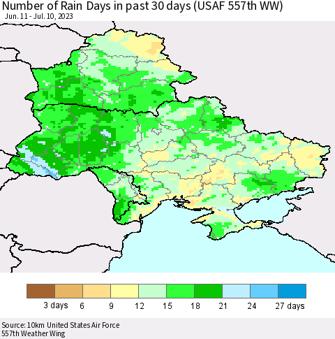 Ukraine, Moldova and Belarus Number of Rain Days in past 30 days (USAF 557th WW) 07/10/2023 Thematic Map For 7/6/2023 - 7/10/2023
