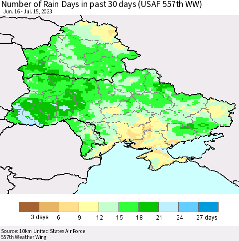 Ukraine, Moldova and Belarus Number of Rain Days in past 30 days (USAF 557th WW) 07/15/2023 Thematic Map For 7/11/2023 - 7/15/2023