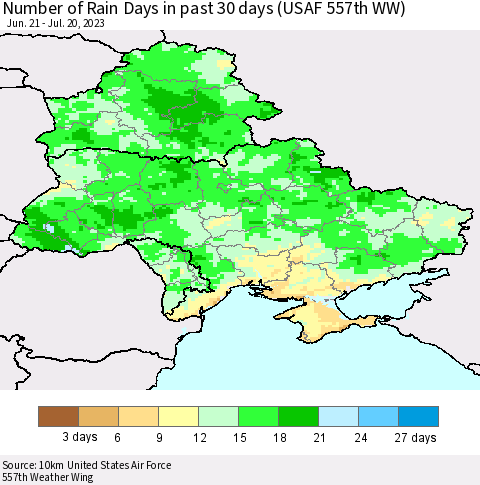 Ukraine, Moldova and Belarus Number of Rain Days in past 30 days (USAF 557th WW) 07/20/2023 Thematic Map For 7/16/2023 - 7/20/2023