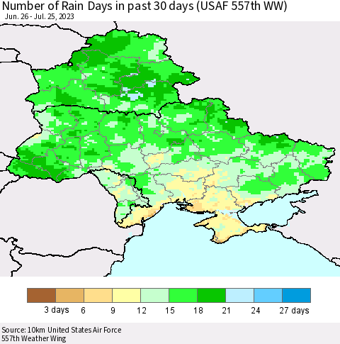 Ukraine, Moldova and Belarus Number of Rain Days in past 30 days (USAF 557th WW) 07/25/2023 Thematic Map For 7/21/2023 - 7/25/2023