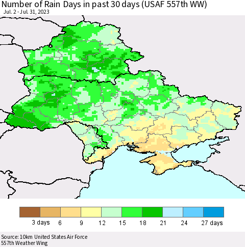 Ukraine, Moldova and Belarus Number of Rain Days in past 30 days (USAF 557th WW) 07/31/2023 Thematic Map For 7/26/2023 - 7/31/2023