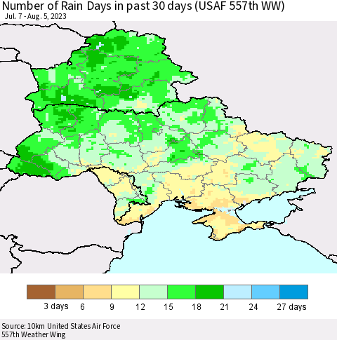 Ukraine, Moldova and Belarus Number of Rain Days in past 30 days (USAF 557th WW) 08/05/2023 Thematic Map For 8/1/2023 - 8/5/2023