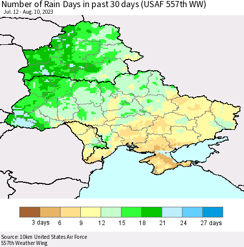Ukraine, Moldova and Belarus Number of Rain Days in past 30 days (USAF 557th WW) 08/10/2023 Thematic Map For 8/6/2023 - 8/10/2023