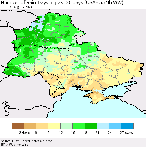 Ukraine, Moldova and Belarus Number of Rain Days in past 30 days (USAF 557th WW) 08/15/2023 Thematic Map For 8/11/2023 - 8/15/2023