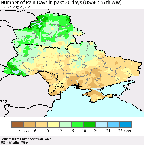Ukraine, Moldova and Belarus Number of Rain Days in past 30 days (USAF 557th WW) 08/20/2023 Thematic Map For 8/16/2023 - 8/20/2023
