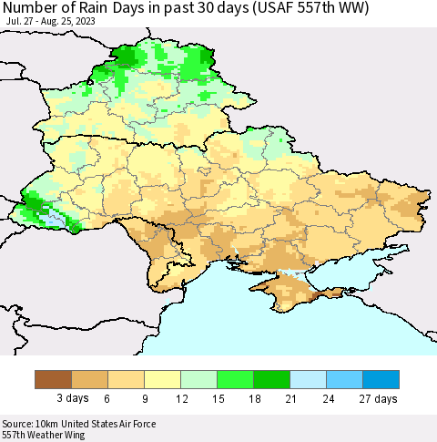 Ukraine, Moldova and Belarus Number of Rain Days in past 30 days (USAF 557th WW) 08/25/2023 Thematic Map For 8/21/2023 - 8/25/2023