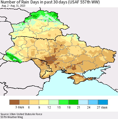 Ukraine, Moldova and Belarus Number of Rain Days in past 30 days (USAF 557th WW) 08/31/2023 Thematic Map For 8/26/2023 - 8/31/2023