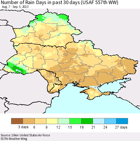 Ukraine, Moldova and Belarus Number of Rain Days in past 30 days (USAF 557th WW) 09/05/2023 Thematic Map For 9/1/2023 - 9/5/2023