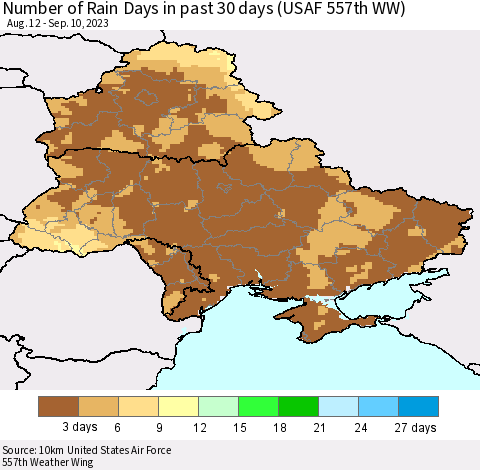 Ukraine, Moldova and Belarus Number of Rain Days in past 30 days (USAF 557th WW) 09/10/2023 Thematic Map For 9/6/2023 - 9/10/2023