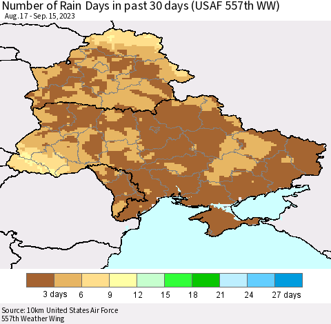 Ukraine, Moldova and Belarus Number of Rain Days in past 30 days (USAF 557th WW) 09/15/2023 Thematic Map For 9/11/2023 - 9/15/2023
