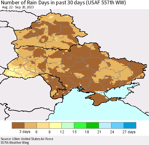 Ukraine, Moldova and Belarus Number of Rain Days in past 30 days (USAF 557th WW) 09/20/2023 Thematic Map For 9/16/2023 - 9/20/2023