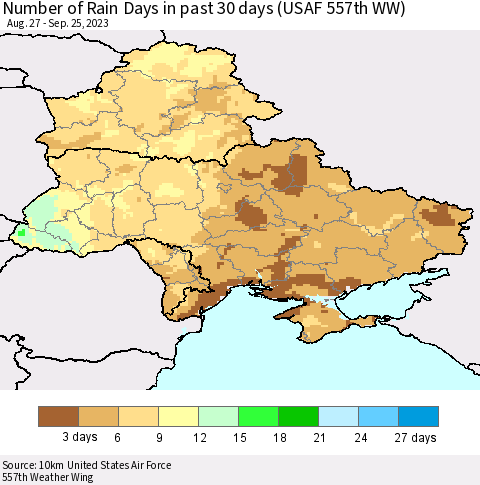 Ukraine, Moldova and Belarus Number of Rain Days in past 30 days (USAF 557th WW) 09/25/2023 Thematic Map For 9/21/2023 - 9/25/2023