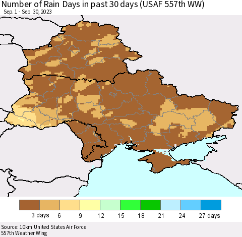 Ukraine, Moldova and Belarus Number of Rain Days in past 30 days (USAF 557th WW) 09/30/2023 Thematic Map For 9/26/2023 - 9/30/2023