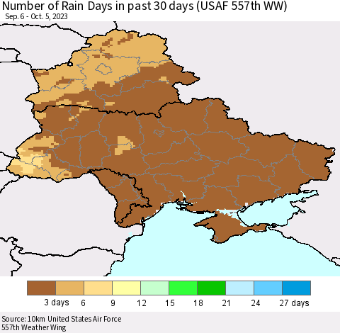 Ukraine, Moldova and Belarus Number of Rain Days in past 30 days (USAF 557th WW) 10/05/2023 Thematic Map For 10/1/2023 - 10/5/2023