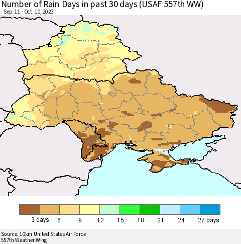 Ukraine, Moldova and Belarus Number of Rain Days in past 30 days (USAF 557th WW) 10/10/2023 Thematic Map For 10/6/2023 - 10/10/2023