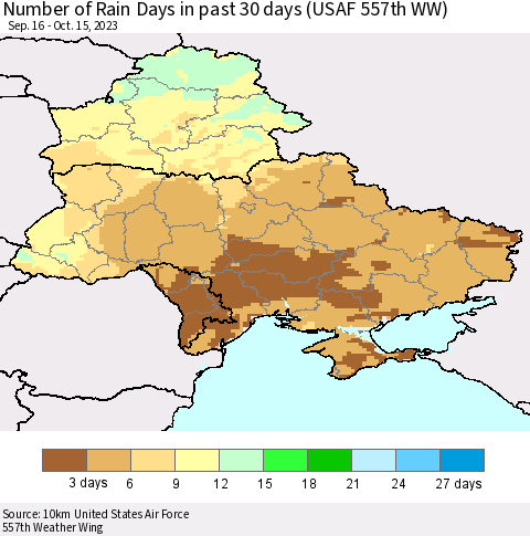 Ukraine, Moldova and Belarus Number of Rain Days in past 30 days (USAF 557th WW) 10/15/2023 Thematic Map For 10/11/2023 - 10/15/2023