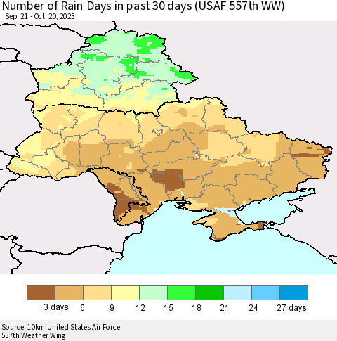 Ukraine, Moldova and Belarus Number of Rain Days in past 30 days (USAF 557th WW) 10/20/2023 Thematic Map For 10/16/2023 - 10/20/2023