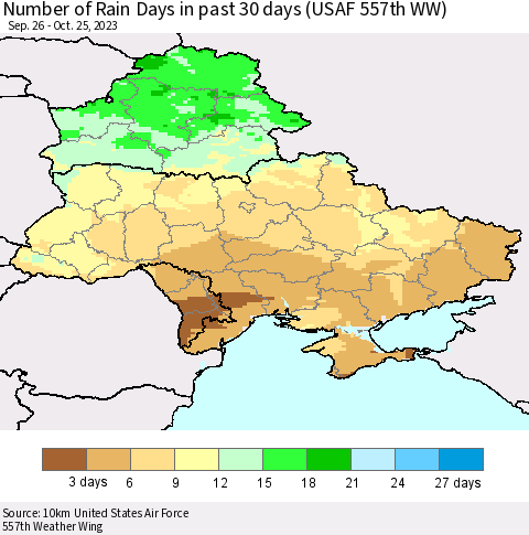 Ukraine, Moldova and Belarus Number of Rain Days in past 30 days (USAF 557th WW) 10/25/2023 Thematic Map For 10/21/2023 - 10/25/2023