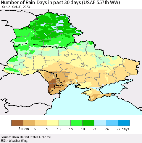 Ukraine, Moldova and Belarus Number of Rain Days in past 30 days (USAF 557th WW) 10/31/2023 Thematic Map For 10/26/2023 - 10/31/2023