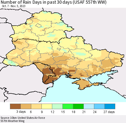 Ukraine, Moldova and Belarus Number of Rain Days in past 30 days (USAF 557th WW) 11/05/2023 Thematic Map For 11/1/2023 - 11/5/2023