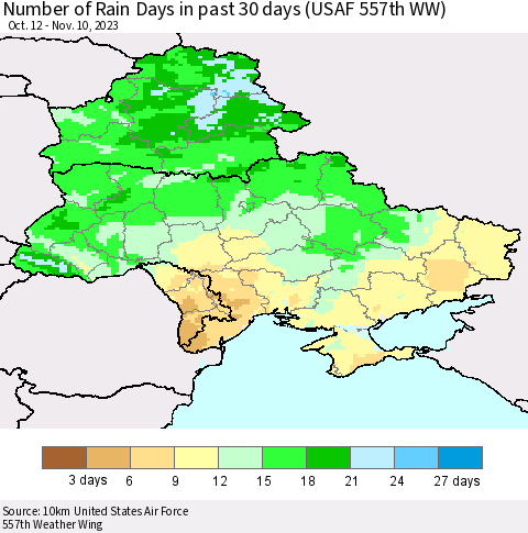 Ukraine, Moldova and Belarus Number of Rain Days in past 30 days (USAF 557th WW) 11/10/2023 Thematic Map For 11/6/2023 - 11/10/2023