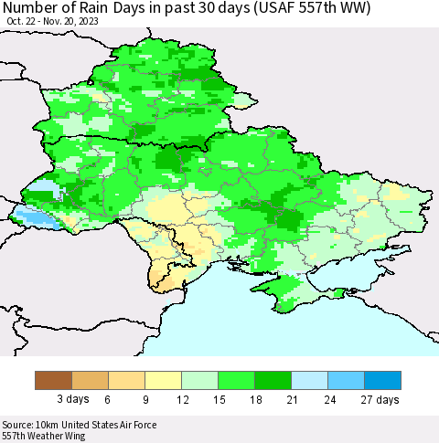 Ukraine, Moldova and Belarus Number of Rain Days in past 30 days (USAF 557th WW) 11/20/2023 Thematic Map For 11/16/2023 - 11/20/2023