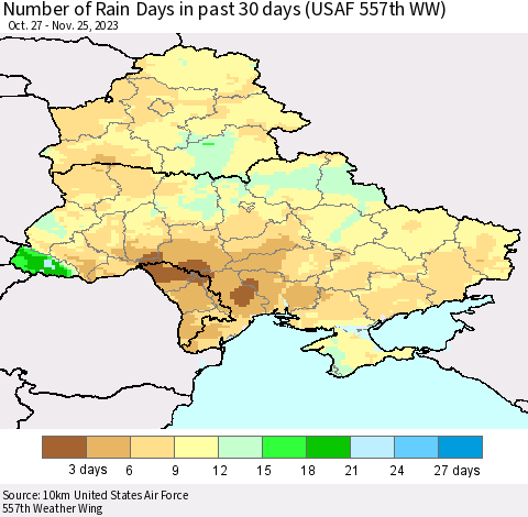 Ukraine, Moldova and Belarus Number of Rain Days in past 30 days (USAF 557th WW) 11/25/2023 Thematic Map For 11/21/2023 - 11/25/2023